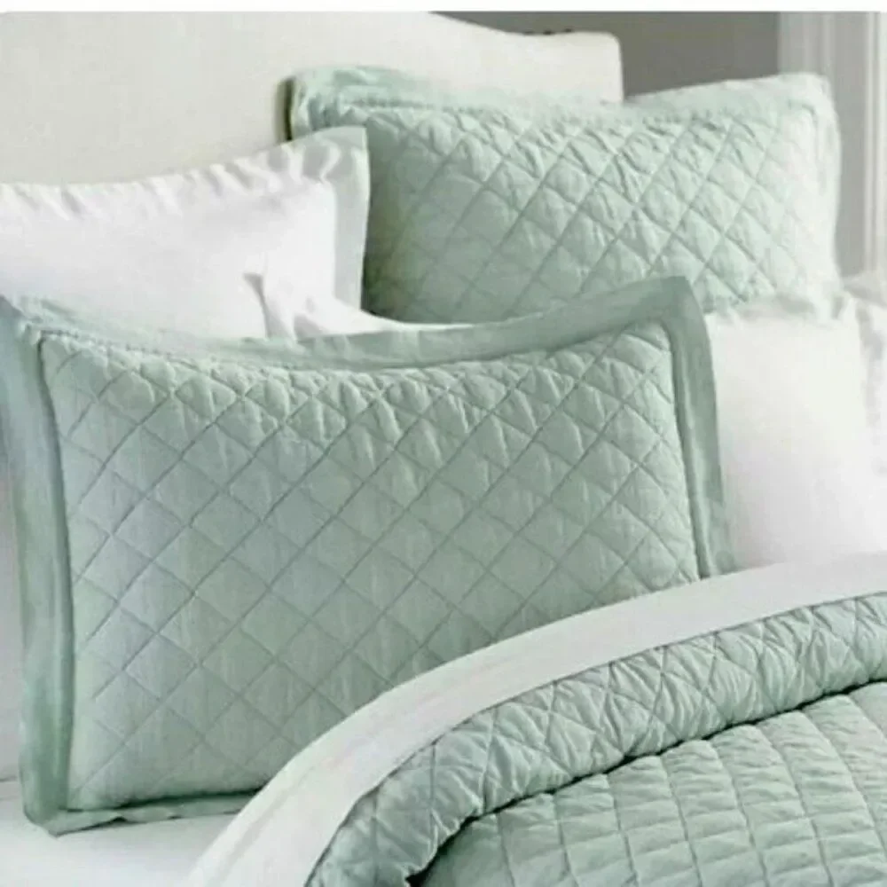 Pottery Barn Mint Green Belgian Flax Linen Diamond Quilted Sham (ONE) Standard